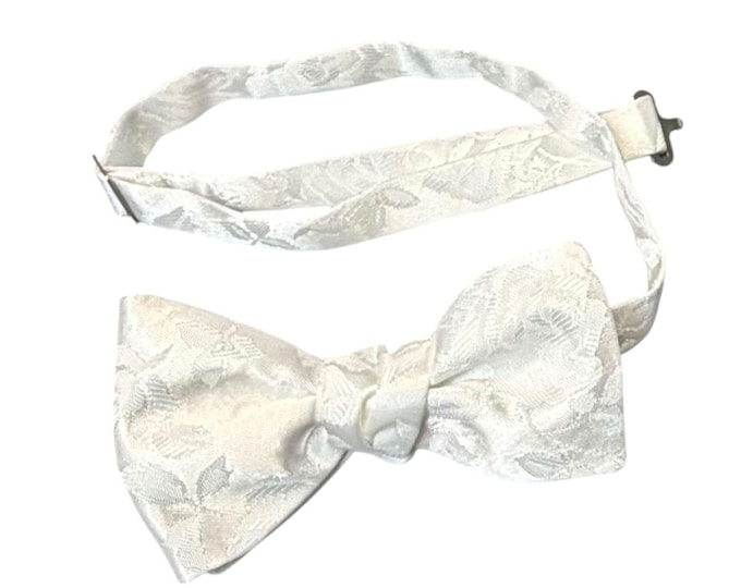 White Rose Brocade Bow Tie - Adjustable Satin, Handcrafted USA
