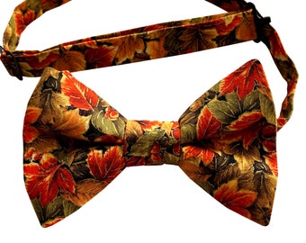 Handmade Pre-tied Bow Tie - Colorful Harvest Autumn Leaves Design - Cotton Bow Tie - Adult Men's to Baby Sizing - Crafted in the USA