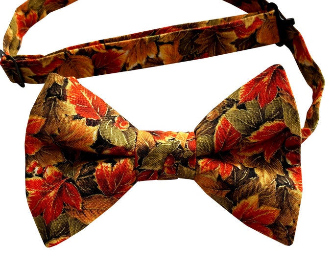 Handmade Pre-tied Bow Tie - Colorful Harvest Autumn Leaves Design - Cotton Bow Tie - Adult Men's Sizing - Crafted in the USA