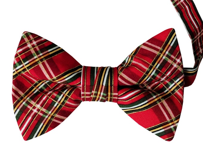 Handmade Pre-tied Bow Tie - Red with Gold Metallic Plaid Celebration Cotton Bow Tie - Adult Mens to Baby Sizing - Crafted in the USA