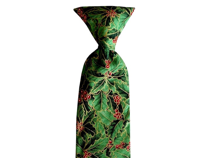 Handmade Necktie - Vintage Christmas Holly Berries in Shades of Green and Red - Toddler Boys and Youth Sizing  - Crafted in the USA