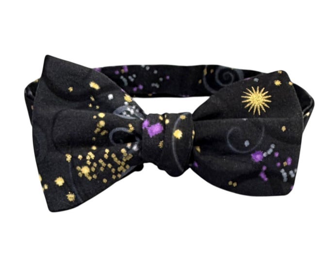 Black Cotton Bow Tie: Purple Gold Swirl Stars, Handcrafted USA