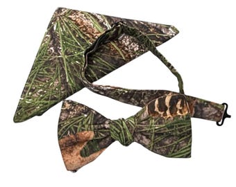 Pre-tied Bow Tie and Pocket Square Set – Timber Camouflage Cotton, Men's Sizing