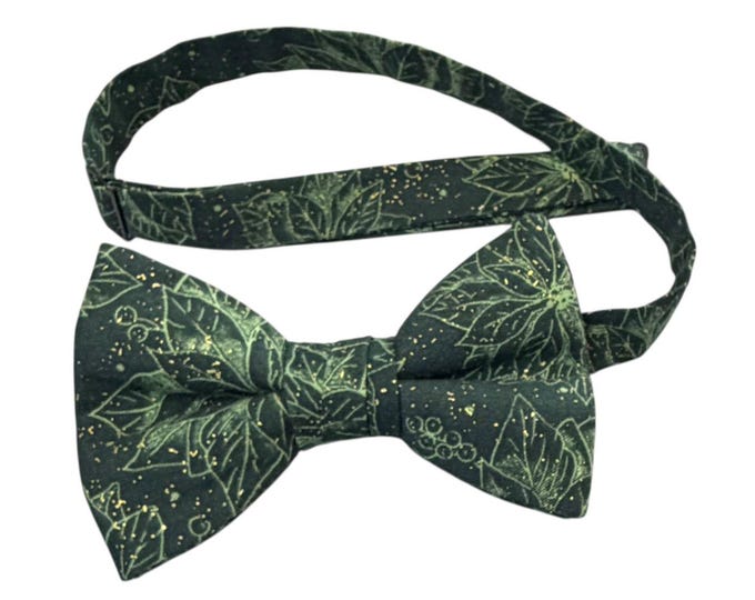 Handmade Pre-tied Bow Tie - Green Christmas Poinsettias - Cotton - Adult Men's Sizing - Crafted in the USA