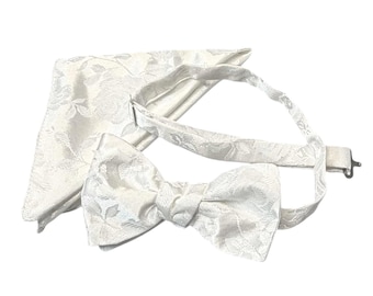 White Rose Floral Brocade Bow Tie and Pocket Square Set – Adult, USA Made
