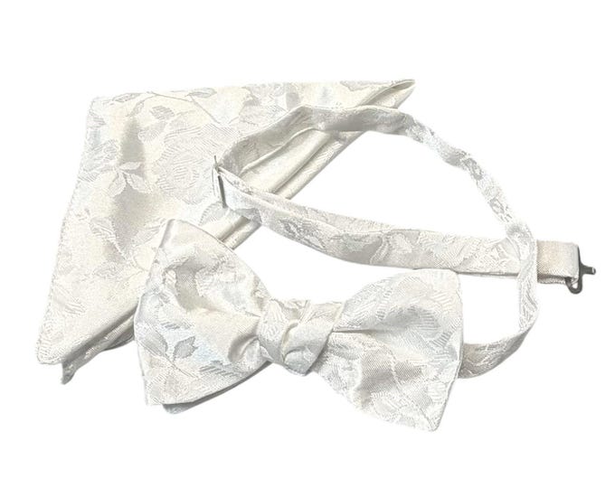 White Rose Floral Brocade Bow Tie and Pocket Square Set – Adult, USA Made