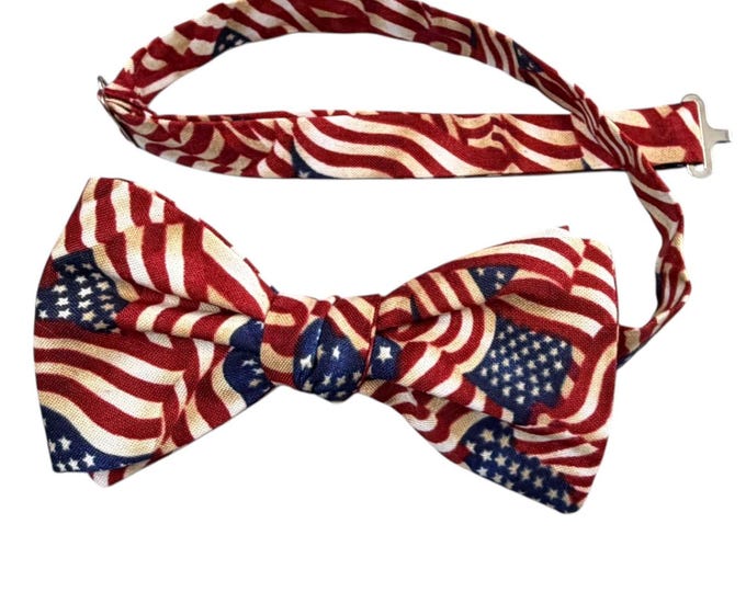 Pretied Bow Tie - Patriotic Flag Red White Blue - Adult Men's Sizing - Crafted in the USA