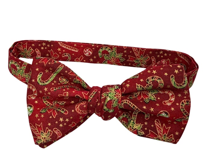 Handcrafted Cotton Candy Cane Bow Tie – Red, Green, Gold Metallic (Self-Tie or Pretied)