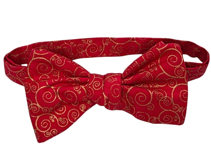 Red Gold Paisley Cotton Bow Tie – Self-tie or Pretied, Men's Sizing, USA Crafted