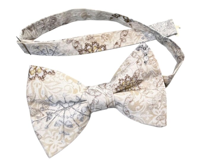 Handmade Pre-tied Bow Tie - Champagne Snowflakes Holiday - Cotton - Adult Men's Sizing - Crafted in the USA