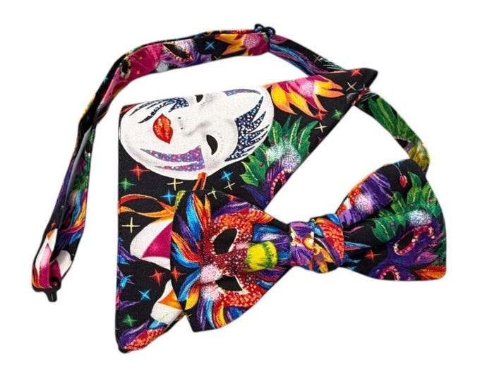 Mardi Gras Pretied Bow Tie & Pocket Square Set – Handcrafted Cotton