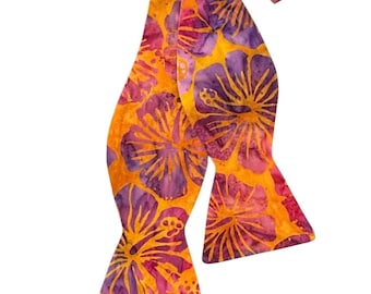 Hawaiian Self-tie Bow Tie - Tangerine Floral Pattern - Cotton Batik - Adjustable - Adult Mens Sizing