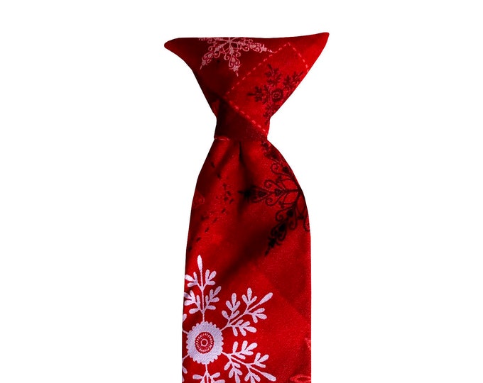 Handmade Neck Tie - Red and White Snowflake Patchwork Holiday Design - Toddler Boys and Youth Sizing - Crafted in the USA