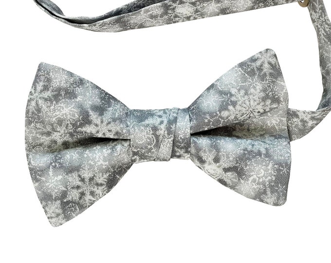 Snowflake Handmade Pre-tied Bow Tie - Shades of Grey with Iridescent - Cotton Bow Tie - Adult Men's to Baby Sizing - Crafted in the USA