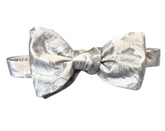 Silver Grey Floral Rose Jacquard Bow Tie – Satin Self-Tie or Pretied Wedding Accessory