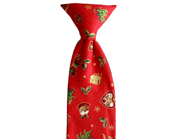 Handmade Clip-on Necktie - Vintage Christmas Miniatures Red with Metallic Gold - Toddler Boys and Youth Sizing - Crafted in the USA