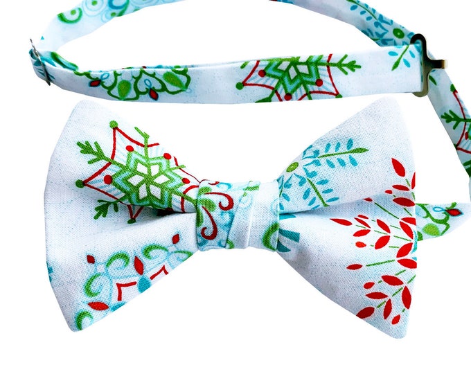 Pre-tied Bow Tie - Handmade White with Red Blue and Green Snowflakes Holiday Design - Adult Mens and Boys Sizing - Crafted in the USA