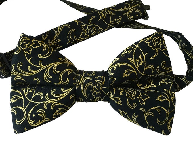 Handmade Pre-Tied Bow Tie - Black with Gold Metallic Rose Paisley Accents Cotton Bow Tie - Baby to Adult Men's Sizing - Crafted in the USA