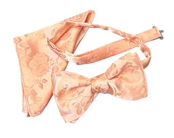 Peach Floral Rose Brocade Bow Tie and Pocket Square Set – Adult, USA Made