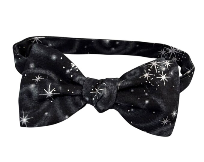 Self-tie or Pretied Bow Tie - Black Silver Stars Prom Night - Adult Men's Sizing - Handcrafted in the USA