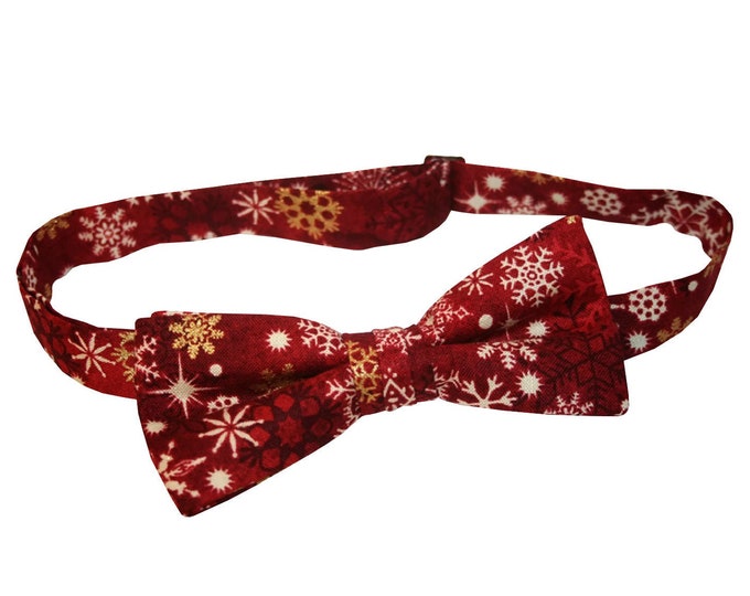 Handmade Pretied Bow Tie - Christmas Red & Gold  Snowflakes - Adult Mens Sizing - Crafted in the USA