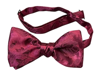 Handmade Pre-Tied Bow Tie - Burgundy Rose Satin Jacquard - Adult Men's Sizing - Crafted in the USA