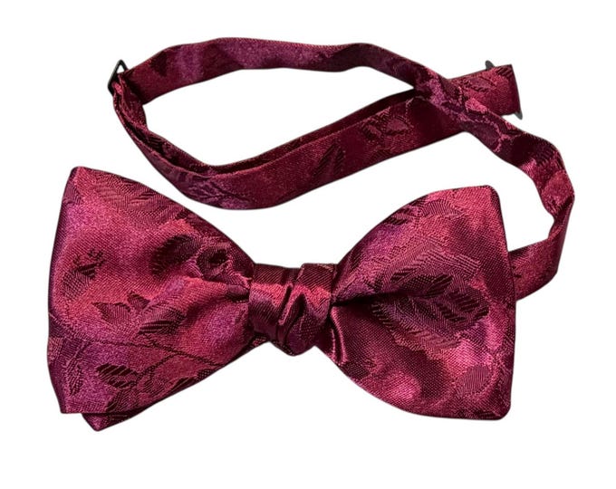Handmade Pre-Tied Bow Tie - Burgundy Rose Satin Jacquard - Adult Men's Sizing - Crafted in the USA