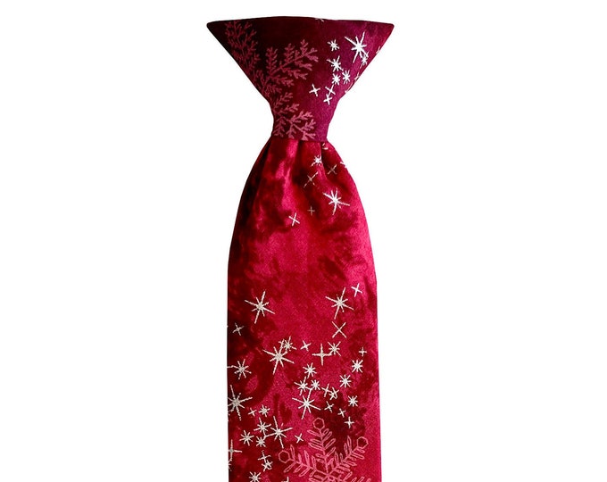 Handmade Necktie - Berry Snowflakes with Silver Metallic Stars - Toddler Boys and Youth Sizing - Crafted in the USA