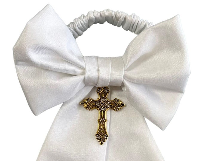Boy's Communion Armband - Religious Gold Cross Charm - White Shantung Sateen - Boys Sizing - Handcrafted in the USA