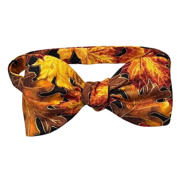 Golden Autumn Leaves Bow Tie: Handmade Cotton Self-Tie or Pretied
