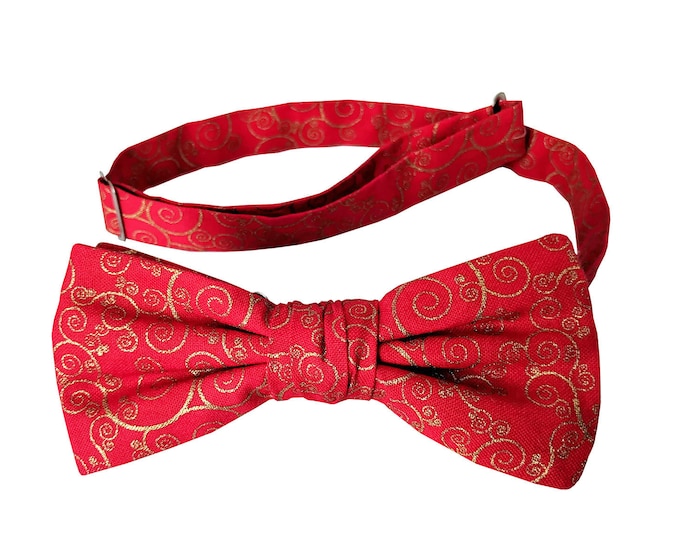 Handmade Pretied Bow Tie - Red Paisley Swirls - Adult Men's Sizing - Crafted in the USA