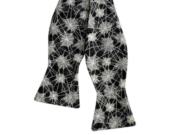 Halloween Self-tie Bow Tie - Black with White and Grey Spider Webs - Adult Men's & Boys Sizing - Handcrafted in the USA