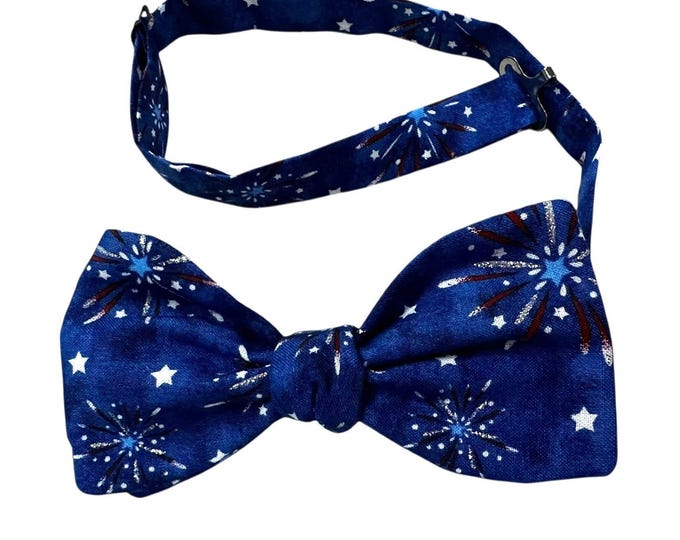 Handmade Pretied Bow Tie - Red White Blue Fireworks - Adult Men's Sizing - Crafted in the USA