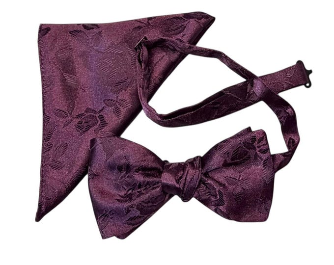Plum Rose Brocade Bow Tie and Pocket Square Set – Adult, USA Made
