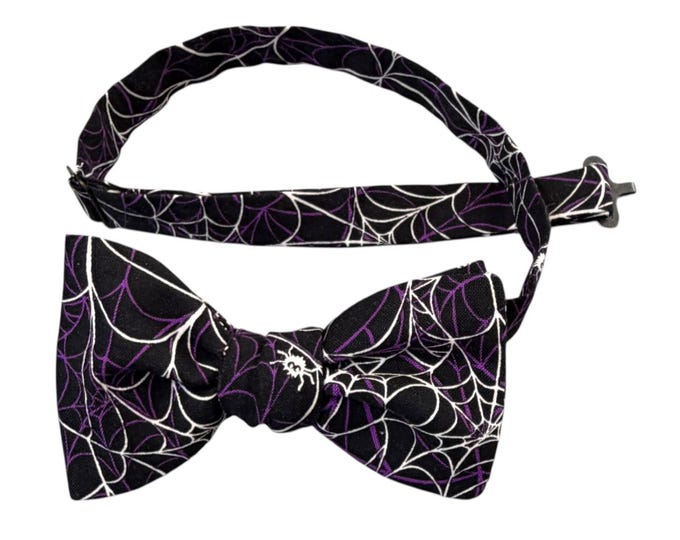 Handmade Halloween Bow Tie – Black Spider Web Pretied Cotton Bowtie