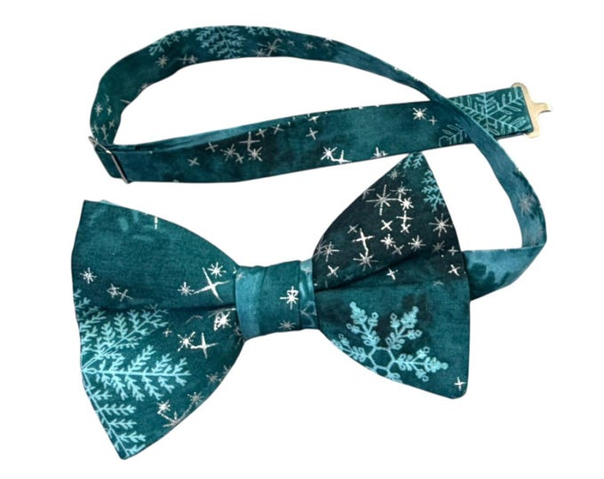 Handmade Pretied Bow Tie - Teal Silver Snowflakes - Cotton - Adult Men's Sizing - Crafted in the USA