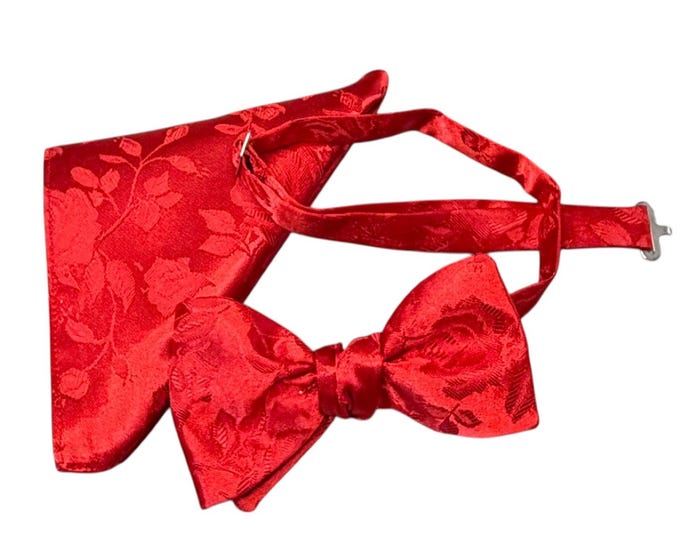 Red Floral Rose Brocade Bow Tie and Pocket Square Set – Adult, USA Made