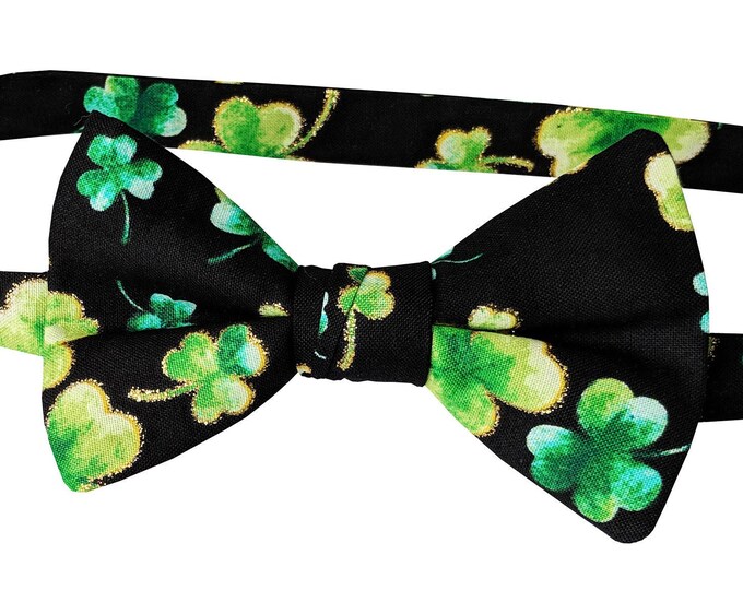 Pre-Tied Bow Tie - Black with Shades of Green Shamrocks Touched with Gold Metallic St. Patrick's Day - Adult Men's & Boys Sizing