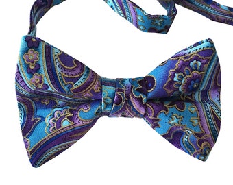 Handmade Pre-Tied Bow Tie - Purple and Blue Paisley Design with Gold Accents - Baby to Adult Men's Sizing - Crafted in the USA