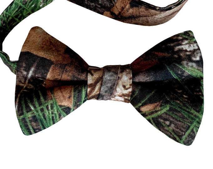 Handmade Pre-tied Bow Tie - Brown Timber and Pine Camouflage Cotton Bow Tie - Adult Mens to Baby Sizing - Crafted in the USA