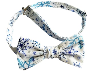 Handmade Pre-tied Bow Tie - Blue Silver Snowflakes - Cotton  - Adult Men's  Sizing - Crafted in the USA