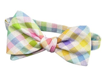 Easter Pastel Plaid Bow Tie – Self-Tie or Pretied Butterfly Knot, Men's Sizing