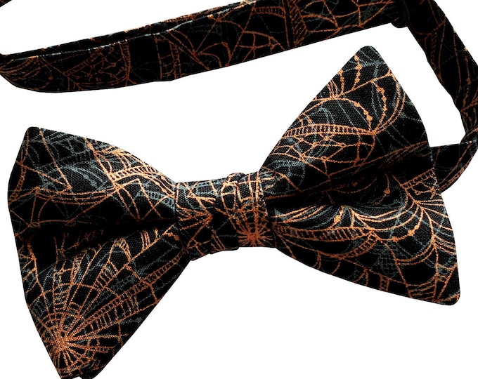 Halloween Spider Web Bow Tie: Black & Orange Metallic, Handmade Cotton