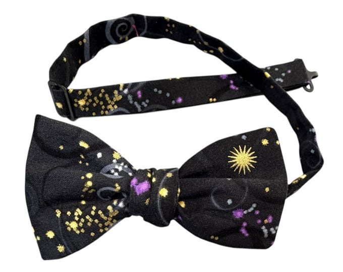 Men's Black Bow Tie with Gold & Purple – Handcrafted Cotton, Adjustable
