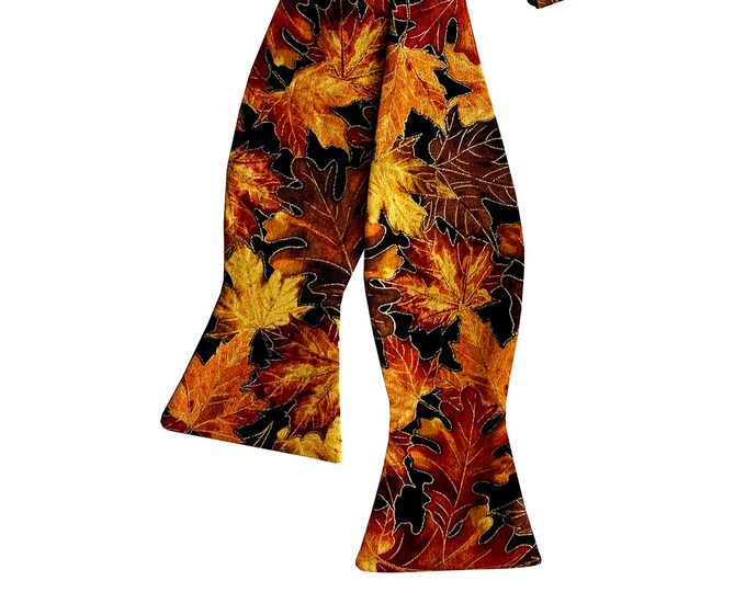 Handmade Self-tie Bow Tie - Golden Autumn Harvest Leaves - Cotton Bow Tie - Adult Men's Sizing - Crafted in the USA