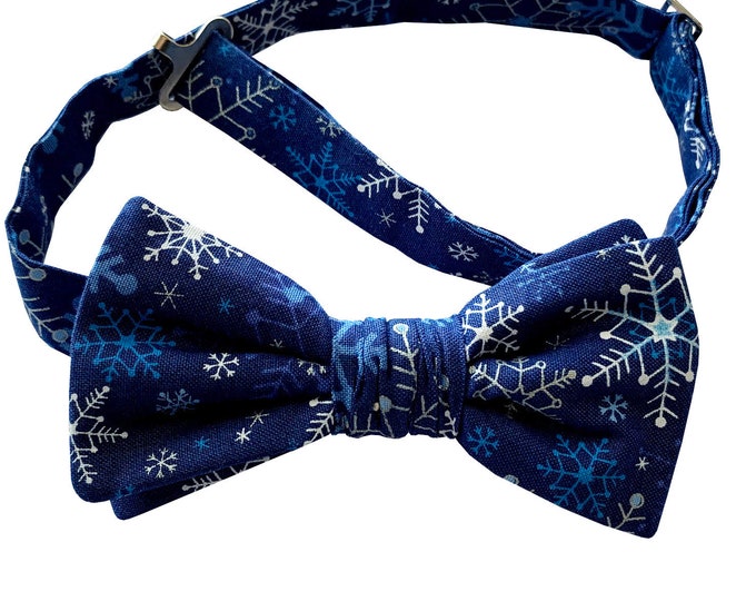 Handmade Pre-tied Bow Tie - Royal Blue with Silver Snowflakes - Premium Cotton  - Adult Men's and Boys Sizing - Crafted in the USA