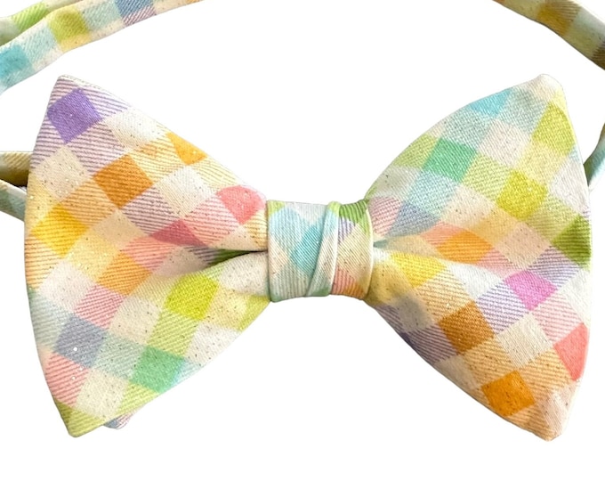 Pre-tied Bow Tie - Pastel Spring Plaid Easter Holiday Multi-Colored with Iridescent Sparkles - Adult Men's Boys Sizing - Crafted in the USA