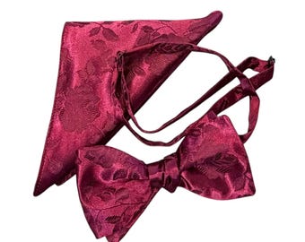 Burgundy Rose Brocade Bow Tie and Pocket Square Set – Adult, USA Made