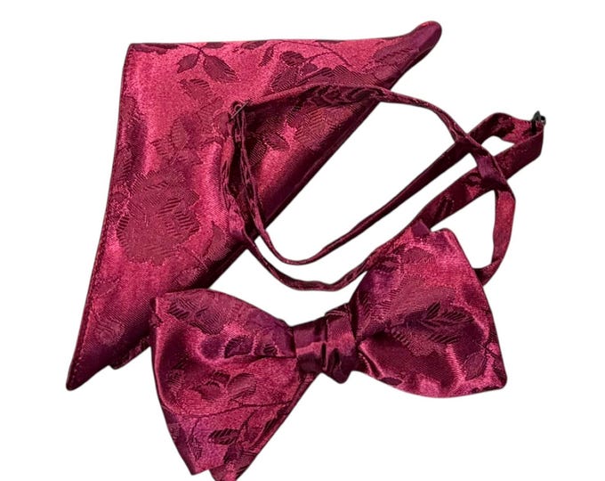 Burgundy Rose Brocade Bow Tie and Pocket Square Set – Adult, USA Made