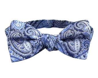 Blue Paisley Cotton Bow Tie – Self-Tie or Pretied, Men's Sizing, USA Crafted
